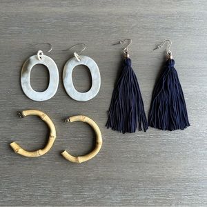 Bamboo, Shell and Navy Tassel Earrings - 3 Pairs Included
